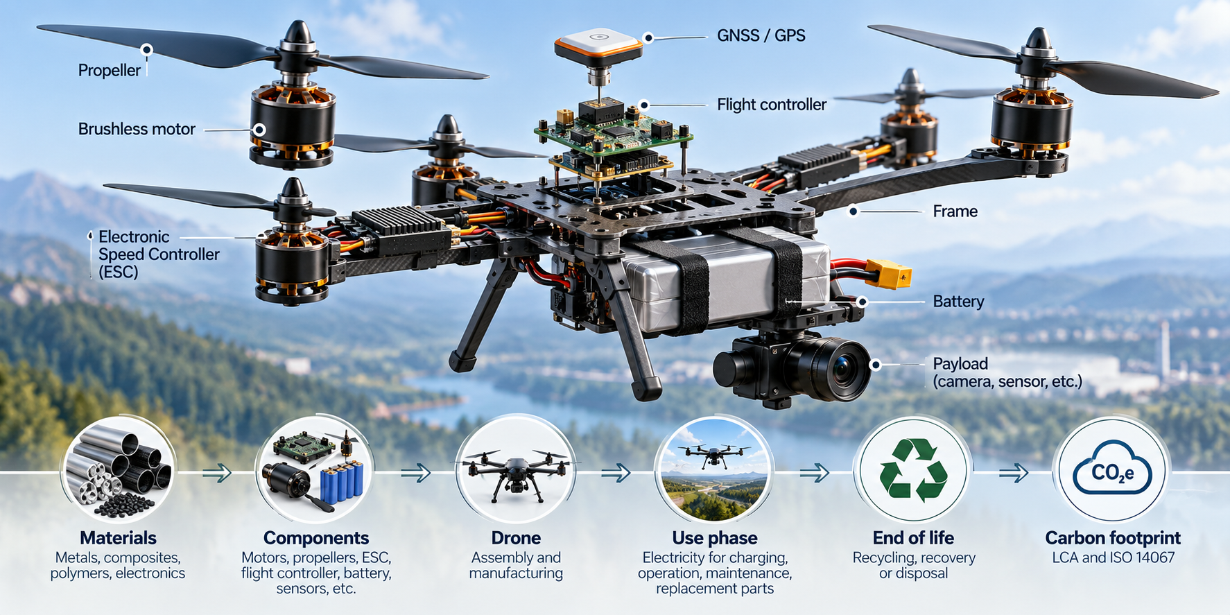 Multirotor drone components and architecture with life-cycle carbon footprint stages.
